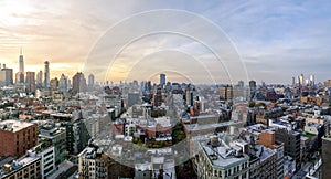 New York City panoramic skyline view as dusk falls on the buildings of Manhattan