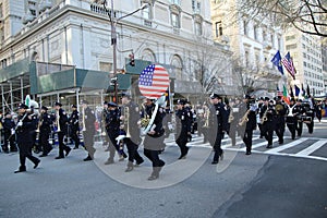 New York City Police Band marching at the St. Patrick`s Day Parade in New York.