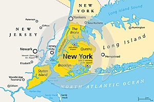 New York City, political map, Manhattan, Bronx, Queens, Brooklyn and Staten Island