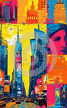 New York city pop art collage. Graphic posters of the modern city, with famous views, towers, streets, buildings, parks