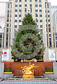 New York City Rockefeller Center, the traditional christmas tree and the gilt bronze sculpture of Prometheus.