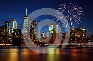 New York City's Brooklyn Bridge and Manhattan skyline illuminated amazing fireworks in Independence day