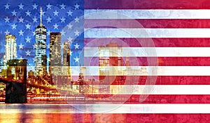 New York City's Brooklyn Bridge and Manhattan skyline illuminated American flag