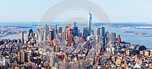 New-York city skyline. Aerial panorama of downtown viewed from midtown, USA
