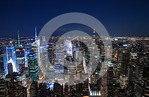 New York City skyline aerial panorama view at night with Times