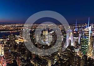 New York City skyline aerial panorama view at night with Times