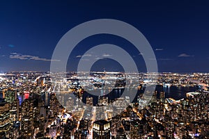 New York City skyline aerial panorama view at night with Times