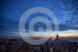 New York City skyline aerial panorama view at night with Times