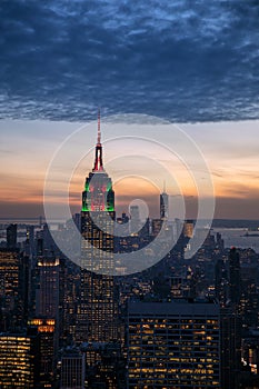 New York City skyline aerial panorama view at night with Times