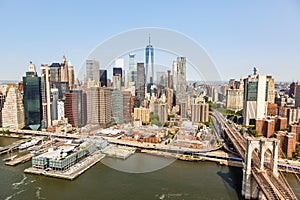 New York City skyline aerial view of Manhattan with World Trade Center skyscraper and Brooklyn Bridge in the United States