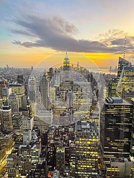 New York city skyline, aerial view during sunset