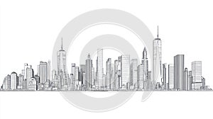 New York City Skyline Line Art - Wide Panorama