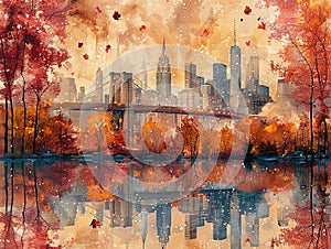 new york city skyline in autumn with red and yellow leaves falling from trees