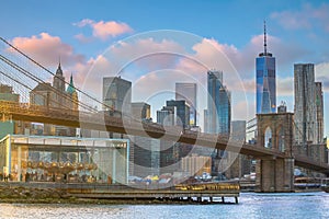 New York City skyline cityscape of Manhattan with brooklyn bridge in USA