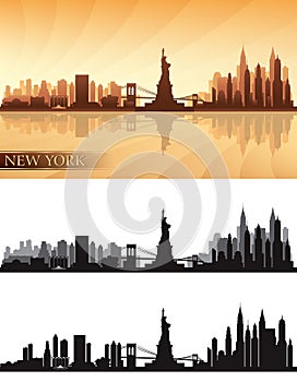 New York city skyline detailed silhouettes Set