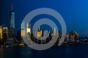 New York City skyline and Downtown Manhattan from Jersey City during night