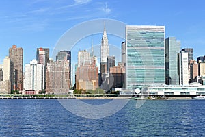 New York City Skyline, East River and Manhattan, New York waterfront on sunny day with blue sky in background