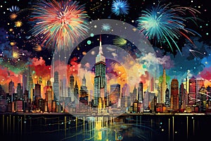 New York City skyline with fireworks and skyscrapers, vector illustration. Generative AI