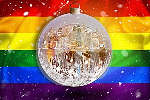 New York City skyline glass christmass ball on LGBTQ flag