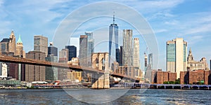 New York City skyline of Manhattan with Brooklyn Bridge and World Trade Center skyscraper panorama in the United States