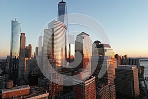 New York City skyline. Manhattan Skyscrapers in NYC, aerial panorama view from Hudson Piver.