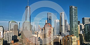 New York City skyline. Manhattan Skyscrapers in NYC, aerial panorama view from Hudson Piver.