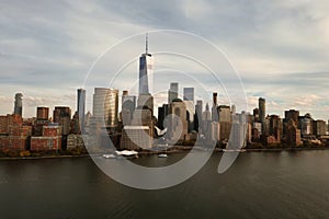 New York City skyline. Manhattan Skyscrapers in NYC, panorama from drone.