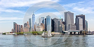 New York City skyline of Manhattan with World Trade Center skyscraper and sailing ship panorama in the United States