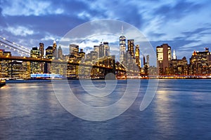 New York City skyline night Manhattan town Brooklyn Bridge World Trade Center