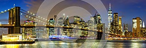 New York City skyline night Manhattan town panoramic view Brooklyn Bridge World Trade Center