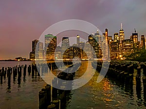 New York City skyline at nightfall.