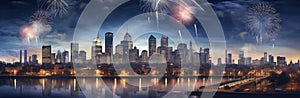 New York City skyline panorama with fireworks over Hudson River at night