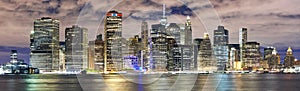 New York City skyline panorama at night, USA.