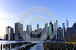 New York City skyline panorama with skyscrapers over East River