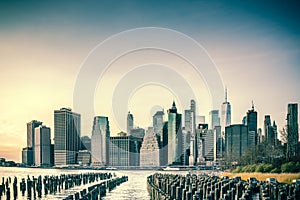 New York City skyline panorama with skyscrapers over East River