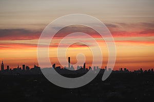 New York City skyline panorama at sunset