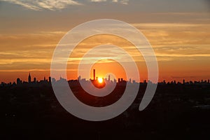 New York City skyline panorama at sunset