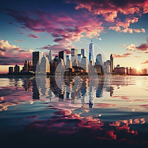 New York City skyline reflecting at sunset in surreal style