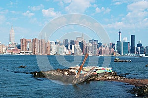 New York City skyline seen from Brooklyn, East River side, skyscrapers, Manhattan Bridge, panoramic view