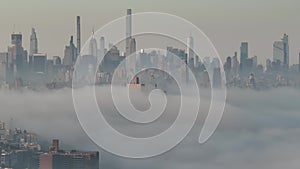 New York City skyline - sunrise - fog - aerial view