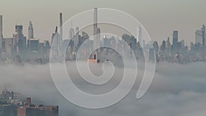 New York City skyline - sunrise - fog - aerial view