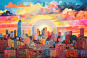 New York City skyline at sunset. Digital painting. Vector illustration. A cityscape during sunset with all buildings app, AI