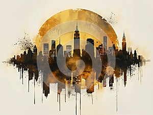 New York City skyline at sunset. Painted in warm colors with a painterly style