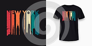 New York City skyline t-shirt design. Vintage t-shirt print and apparel design with stylish text. New York skyline silhouette for