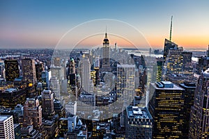 New York City skyline with urban skyscrapers at dusk, USA.