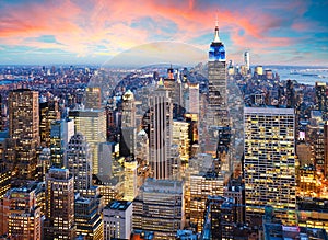 New York City skyline with urban skyscrapers at sunset, USA