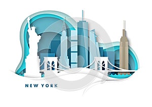 New York City skyline, vector paper cut illustration. Statue of Liberty, Bridge, world famous landmarks. Global travel.