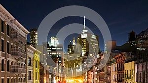 New York City skyline view at night of the buildings in lower Manhattan