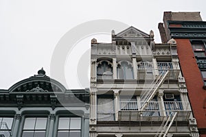 New York City SOHO building facades with fire escape stairs