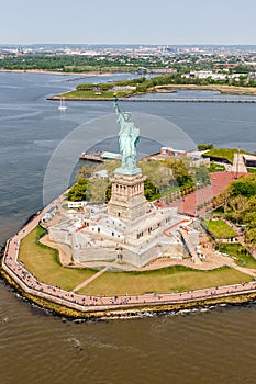 New York City Statue of Liberty aerial view portrait format in the United States